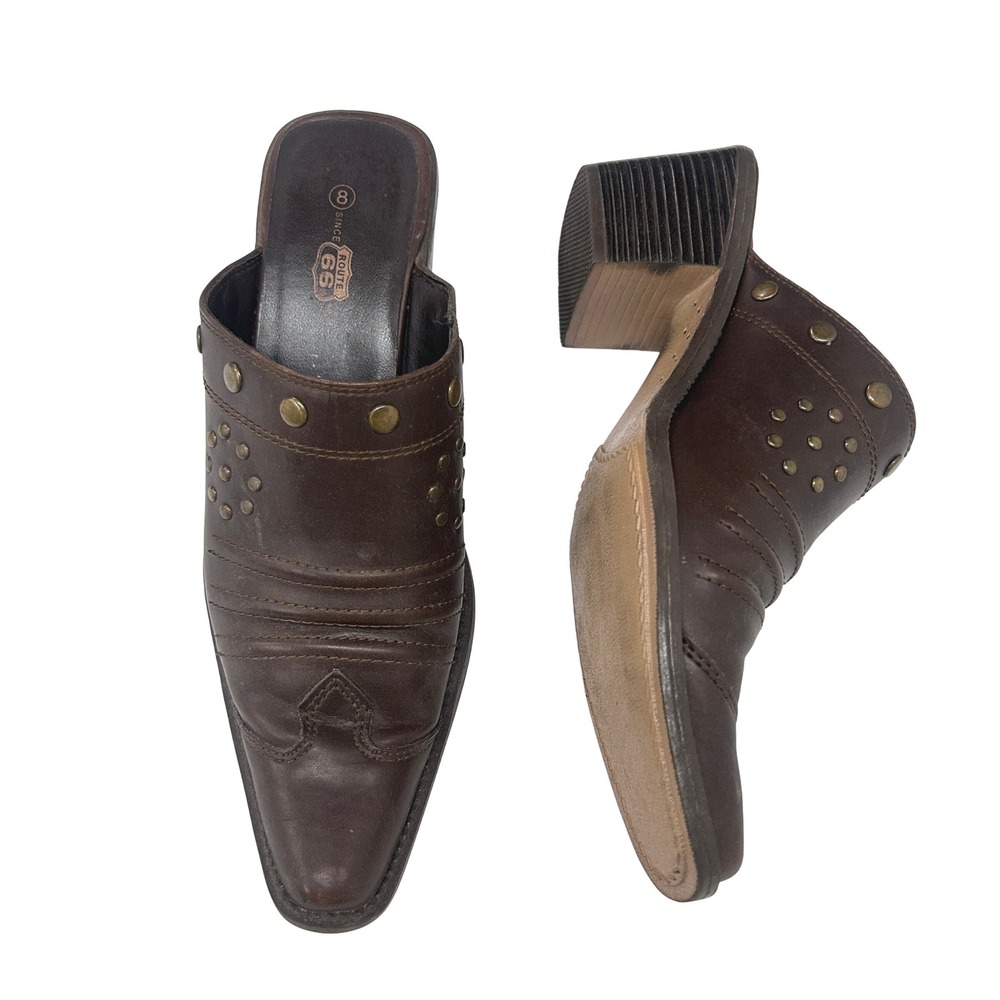 VTG Y2K Western Brown Studded Heeled Mules 8 Snip Toe Cowgirl Boho Americana